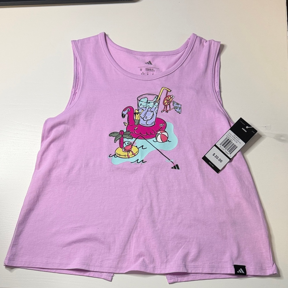 NWT- adidas Girls' Size Medium- Lavender Graphic Tank Top with Tropical Floatie